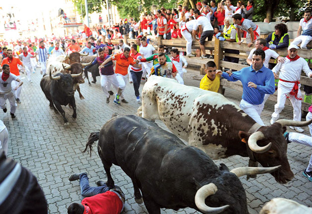 Runners dodge bulls in Pamplona, Spain