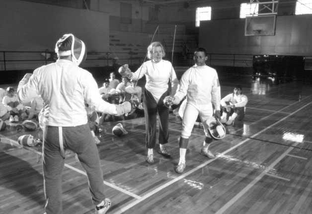 Stanley Porter ’89 fencing with Dr. Constance Antonsen